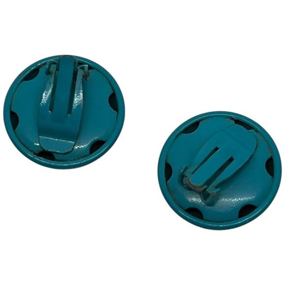 Vintage Teal Button Clip-On Earrings, Round Metal Statement Accessories - Picture 6 of 8